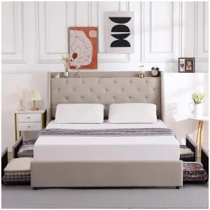 Queen Bed Frame with 4 Storage Drawers, Platform Bed with Type-C & USB Port and Charging Station, Upholstered Wingback Headboard and Storage Shelf, No Box Spring Needed, Easy Assembly