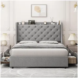 Full Bed Frame with 4 Storage Drawers, Type-C & USB Charging Ports, Upholstered Wingback Headboard, Metal Frame, Easy Assembly, Modern Style, Bedroom