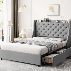 Queen Bed Frame with 4 Storage Drawers, Type-C & USB Port, Upholstered Wingback Headboard, Metal Frame, Easy Assembly