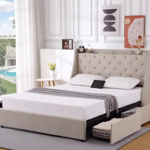 Full Bed Frame with 4 Storage Drawers, Type-C & USB Charging Ports, Upholstered Wingback Headboard, No Box Spring Needed, Easy Assembly