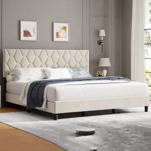Full Bed Frame with Headboard, Beige Upholstered Bed Frame Full, Heavy-Duty Full Platform Bed Frame with Strong Wood Slats, Upholstered Mattress Foundation No Box Spring Needed