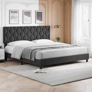 King Size Platform Bed Frame with Upholstered Headboard, Fabric Upholstered Bed Frame with Adjustable Headboard, Bed Frame with Diamond Pattern and Soft Fabric, Wood Slat Support, Grey