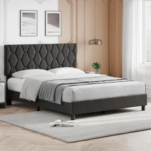 Queen Size Platform Bed Frame with Upholstered Headboard, Fabric Upholstered Bed Frame with Adjustable Headboard, Bed Frame with Diamond Pattern and Soft Fabric, Wood Slat Support, Grey