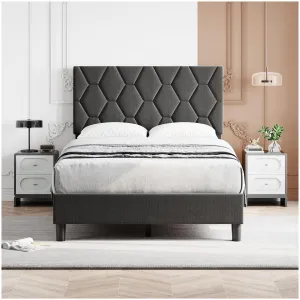 Twin Size Platform Bed Frame + Upholstered Headboard + Diamond Pattern + Soft Fabric + Adjustable + Wood Slat Support + Grey + Bedroom