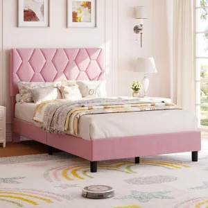 Pink Twin Bed Frame with Upholstered Headboard, Pink Twin Upholstered Bed Frame, Heavy-Duty Twin Platform Bed Frame with Strong Wood Slats, No Box Spring Needed/Noise Free/Easy Assembly
