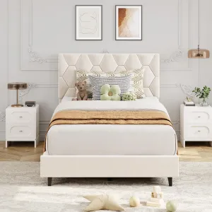 Twin Bed Frame with Headboard, Beige Upholstered Bed Frame Twin, Heavy-Duty Twin Platform Bed Frame with Strong Wood Slats, Upholstered Mattress Foundation No Box Spring Needed