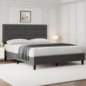 Full Size Bed Frame with Adjustable Headboard, Linen Upholstered, Solid Wooden Slats, Noise-Free, Grey