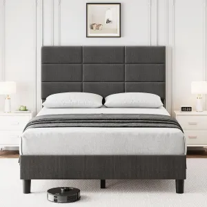 Twin Bed Frame with Headboard, Linen Upholstered Twin Bed Frames with Solid Wooden Slats Support, No Box Spring Needed, Noise-Free, Grey