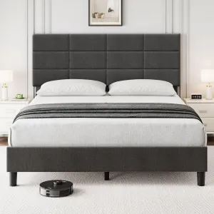 Queen Bed Frame with Adjustable Headboard, Linen Upholstered, Sturdy Metal Frame, Wooden Slats, Noise-Free, Grey