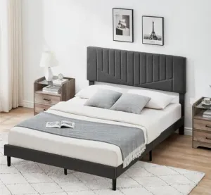 Queen Bed Frame Upholstered Platform with Adjustable Headboard, Modern Striped Design, Wooden Slats Support, No Box Spring Needed, Solid Metal Frame, Cozy Linen Fabric, Whisper-Quiet, Easy Assembly