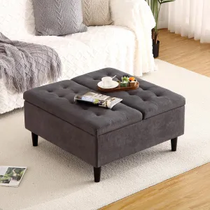 33'' Square Coffee Table Ottoman with Lift Top Storage, Upholstered, Tufted, Solid Wood Frame, Velvet, for Living Room
