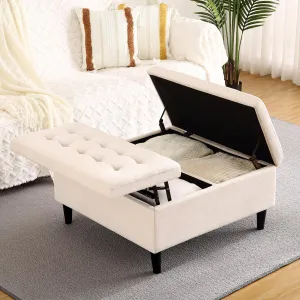 33 Inch Velevt Lift-Top Storage Ottoman in Upholstered, Large Square Storage Coffee Table for Living Room, Toy Box, Footrest Stool, White Ottoman with Spacious Interior Compartment