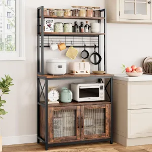 Bakers Rack with Cabinet 5 Tier Microwave Stand 63.78" Microwave Storage Rack with Door Vintage Kitchen Utility Storage Shelf with Hooks Large Coffee Bar Station Kitchen (Cabinet 17.1" in)