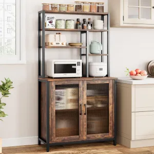 Bakers Rack with Cabinet 5 Tier Microwave Stand 63.78" Microwave Storage Rack with Door Vintage Kitchen Utility Storage Shelf with Hooks Large Coffee Bar Station Kitchen (Cabinet 27.9" in)