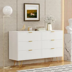 White 6 Drawer Dresser Wood Modern Dresser with Metal Handles Gold Small Dresser Storage Chest Cabinet Organizer for Bedroom,Hallway,Living Room,Large