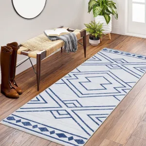 Runner Rug 2x6 Moroccan Washable Kitchen Runner Rugs Modern Farmhouse Easy-Cleaning Hallway Rug with Rubber Backing Non Shedding Carpet for Laundry Room, Blue