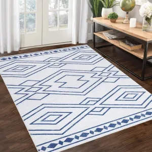 Washable Rug 9x12 Modern Geometric Area Rug Non Slip Large Area Rug Low Pile Farmhouse Rug Non Shedding Distressed Throw Rugs Floor Carpet for Living Room Bedrooms, Blue