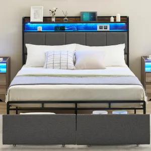 Queen Bed Frame with 2-Tier Storage Headboard, Upholstered Platform Bed Frame with 2 Storage Drawers, Built in Charging Station & LED, Noise-Free/Metal Support/No Box Spring Needed, Brown