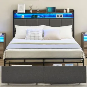 Queen Bed Frame with 2-Tier Storage Headboard, Upholstered Platform Bed Frame with 2 Storage Drawers, Built in Charging Station & LED, Noise-Free/Metal Support/No Box Spring Needed, Black