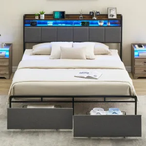 King Size Bed Frame with LED Lights and Charging Station, Upholstered Bed 2-Tier Storage Headboard & Drawers, Heavy Duty Metal Slats, No Box Spring Need, Noise Free, Easy Assembly, Grey