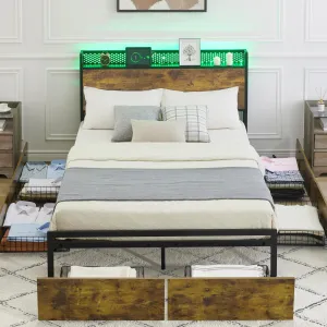 Queen Bed Frame with RGB Lights, 6 Drawers, Headboard and Fast Charger - Rustic Brown, No Box Spring Needed, Easy Assembly with Storage