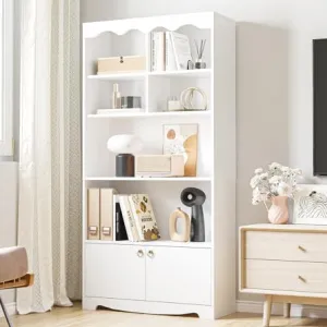 5-Tier White Bookcase with Open Storage Shelves & Doors, Modern Wooden Floor Standing Display Shelves, 63 Inch Tall, Suitable for Office, Living Room, Bedroom