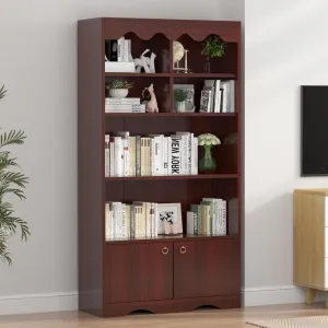 Bookshelf, 5 Tier Open Bookcase and Bookshelf, Modern Bookcase with Doors, Wood Bookcase Storage Organizer Shelf, 63 in Tall Display Storage Shelves for Bedroom Living Room Office, Brown