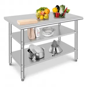 48"L x 24"W x 35"H Three-Layer Stainless Steel Work Table - NSF Certified, Heavy-Duty with Adjustable Feet and Polished Surface for Kitchen, Restaurant, and Home