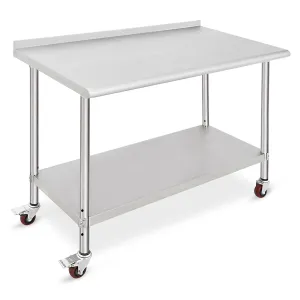 48"L x 24"W x 35"H Stainless Steel Worktable, with Caster Wheels and Backsplash, Ideal for Food Prep, Kitchen, Restaurant, Garage, Silver