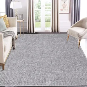 Solid Light Grey 8x10 Area Rug – Machine Washable Textured Chenille Non-Slip Foldable Carpet for Living Room, Bedroom, or Indoor Spaces