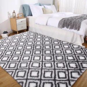 8x10 Area Rugs for Living Room Rug Shaggy Rug Kids Rug Plush Rug Geometic Carpet Rug for Bedroom Fluffy Rug Bedside Rug Soft Shag Rug Non Skid Modern Large Rug Nursery Rug 8'x10' Grey/White