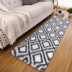 Grey & White Runner Rug 2x8 Shag Rug for Living Room Shaggy Rug Kids Rug Plush Rug Geometric Bedroom Carpet Fluffy Rug Bedside Rug Soft Rug Non Skid Rug Modern Area Rug for Nursery Dorm
