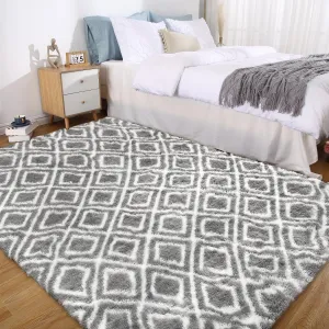 5x8 Rug Shag Rug for Living Room Shaggy Rug Kids Rug Plush Rug Geometric Carpet Bedroom Fluffy Rug Bedside Rug Soft Grey Rug Non Skid Rug Modern Area Rug Large Rug