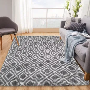 Shag Rug 8x10 Modern Diamond Soft Plush Rug Vintage Shag Area Rug for Girl's Room High Pile Fuzzy Indoor Living Room Bedroom Kid's Room Area Rug Large Rug Non-slip Thick Shaggy Rug Light Grey