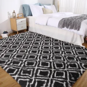 Black 8x10 Rug for Living Room Rug Shaggy Rug Kids Rug Plush Rug Geometic Carpet Rug for Bedroom Fluffy Rug Bedside Rug Soft Shag Rug Non Skid Rug Modern Large Area Rug Nursery Rug