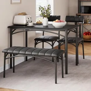 Dining Table Set for 4, Rectangular, Upholstered Bench & Chairs, MDF Board & Steel, Space-Saving, Easy to Assemble, Small Spaces