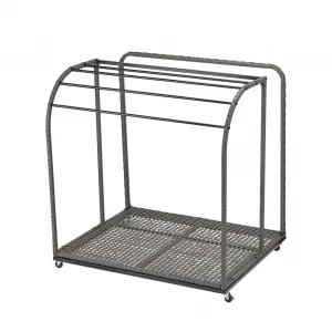 Poolside Outdoor Storage Organizer - Freestanding 5-Bar Towel Rack with Rattan Base & Compartment for Floats, Pool Noodles, Rings, Grey