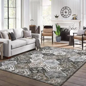 Trellis Area Rug 4x6 Washable Non-Slip Faux Wool, Soft Floral Pattern, Pet-Friendly, Indoor Bedroom, Grey/Brown