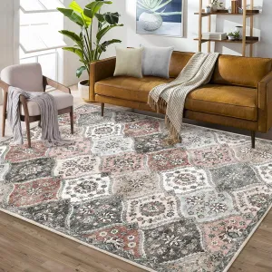 Washable Moroccan Area Rug 5x7 - Soft Faux Wool, Non-Slip, Ultra-Thin, Machine Washable, Pet-Friendly - Living Room, Bedroom, Office