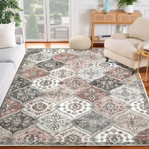 9x12 Washable Bohemian Area Rug Faux Wool Non-Slip Stain Resistant for Living Room, Bedroom, Office, Pink/Brown