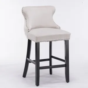 Velvet Barstools Set Of 2 With Wooden Legs For Kitchen And Dining, Counter Height, Soft Cushion, Modern Button Tufted, Wing-Back Design, Gray