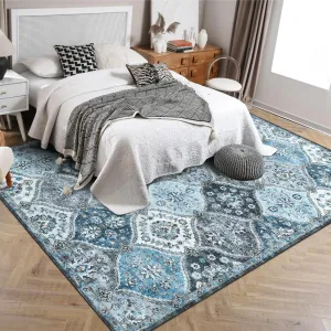 Blue 8x10 Washable Rugs for Living Room, Ultra-Thin Soft Carpet, Faux Wool, Non-Slip, Washable, Pet-Friendly
