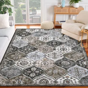 Oriental Grey-Taupe 9x12 Washable Moroccan Rug for Living Room - Vintage Style, Non-Slip, Stain-Resistant Faux Wool, Ideal for Bedrooms, Offices