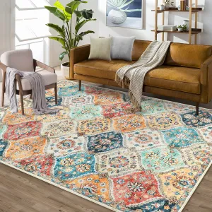 10x13 Area Rug Extra Large Moroccan Trellis Machine Washable Rug Vintage Medallion Distressed Accent Rug Stain Resistant Non-Slip Floor Cover Carpet Rug for Living Room Bedroom