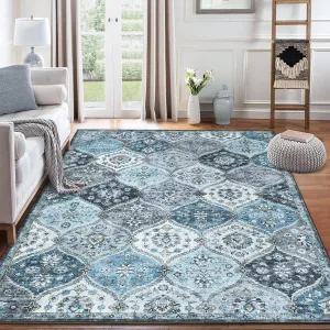 Oriental Blue 10x13 Extra Large Area Rug – Vintage Distressed Moroccan Trellis Medallion Washable Non-Slip Stain-Resistant Carpet for Living Room or Bedroom