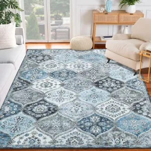 Washable Moroccan Blue Rug 5x7 - Ultra Soft Faux Wool, Non-Slip, Stain-Resistant, Low Pile - Ideal for Living Room, Bedroom, Office