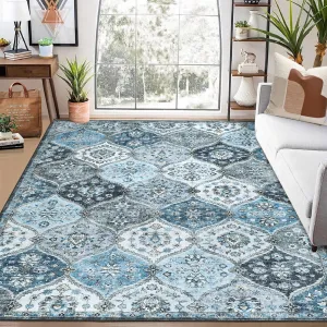 Washable Moroccan Area Rug Blue 9x12 - Ultra-Soft Faux Wool, Non-Slip TPR Backing, Stain Resistant, Child & Pet Friendly, Vintage Floral Design, Suitable for Living Room, Bedroom, Office, Classroom