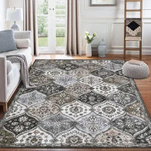 Oriental Grey-Taupe 10x13 Extra Large Area Rug – Vintage Distressed Moroccan Trellis Medallion Washable Non-Slip Stain-Resistant Carpet for Living Room or Home Decor