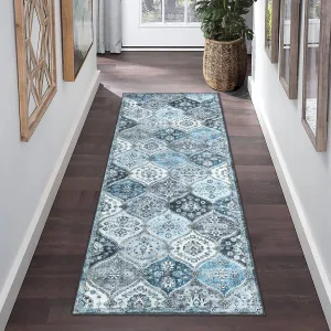 Trellis Runner Rug 2x6 Non-Slip Washable Faux Wool Ultra-Soft Vintage Style for Kitchen, Bathroom, Laundry Room