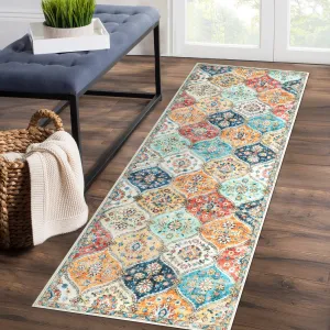 Floral Orange Washable 2x8 Runner Rug Vintage Floral Non Slip Low Pile Faux Wool Kitchen Bathroom Mat